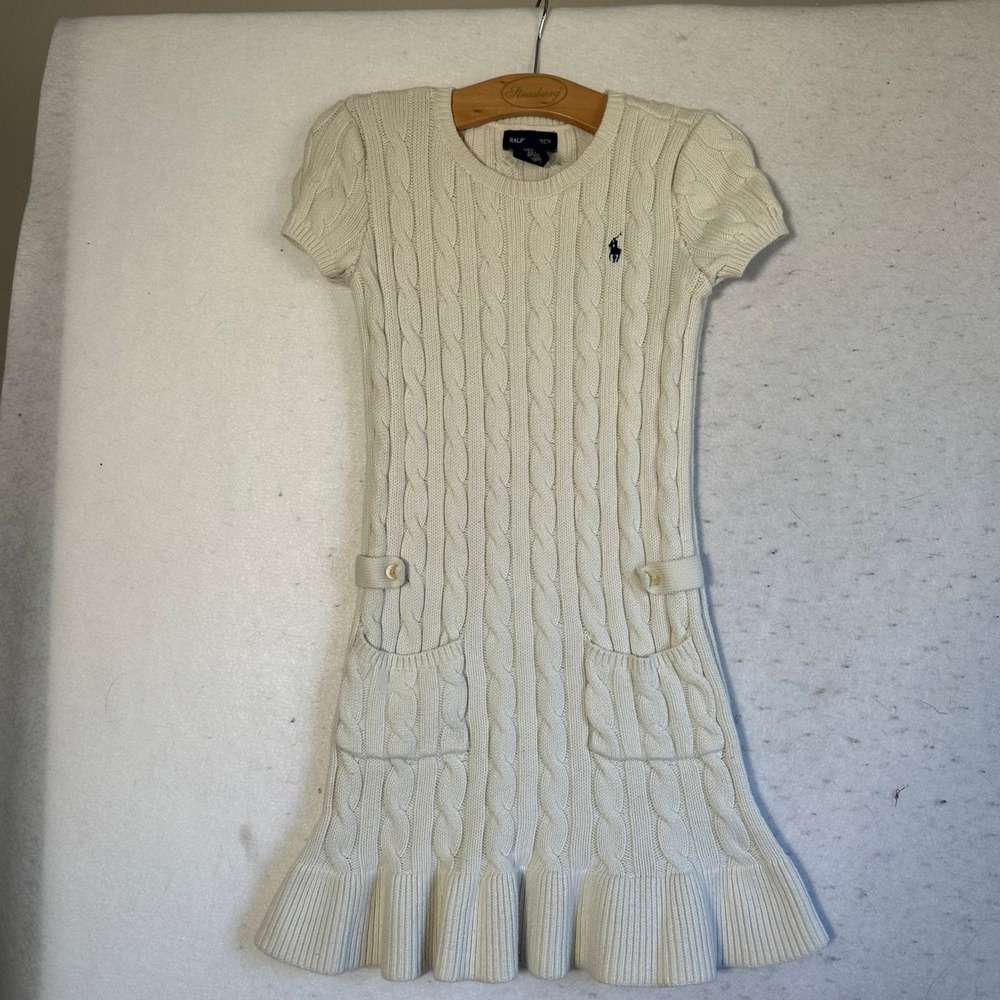 Ralph Lauren Girls Cream Cable Knit Short Sleeve Ruffle Hem Sweater Dress Size M